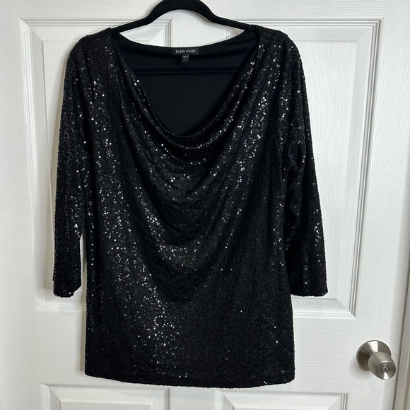 EILEEN FISHER 100% silk flowy cowl neck sequin top blouse tunic lined black - Picture 1 of 7